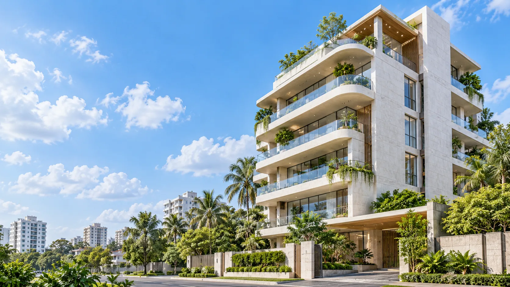 Illustrative contemporary white apartment building under a bright blue cloudy sky