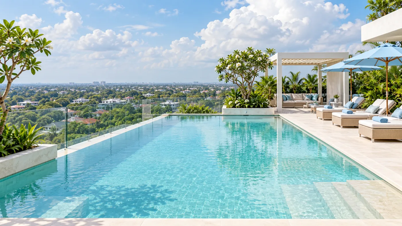 Illustrative bright rooftop pool under a white cloudy sky